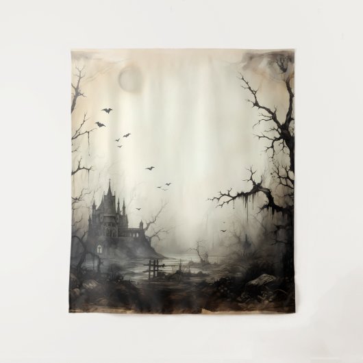Gothic Moody Scenes Castle & Bats Cream & Black Wandteppich (Vorderseite)