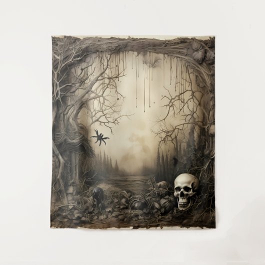 Gothic Moody Scenes Skull & Spider Cream & Black Wandteppich (Vorderseite)