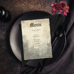 Gothic Moody Scenes Vintag Cream & Black Wedding Menükarte<br><div class="desc">Treten Sie ein in eine Welt der dunklen Bezauberung mit unserem gotischen Tischmenü, einer wunderschönen Sammlung, die den Reiz des Mysteriösen umspannt. Dieses exquisit entworfene Hotel besticht durch eine Vielzahl von dunklen und stimmungsvollen landschaftlichen Hintergründen, die gotische Kathedrale-Arkaden zeigen, die ein Gefühl uralter Pracht wecken, begleitet von zauberhaften eleganten Raben...</div>