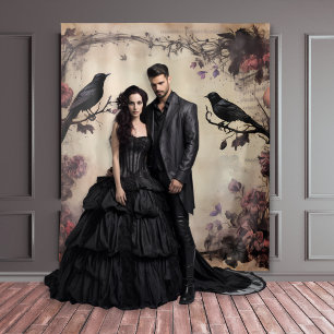Gothic Moody Schwarze Raben & rosa Rosen Wandteppich