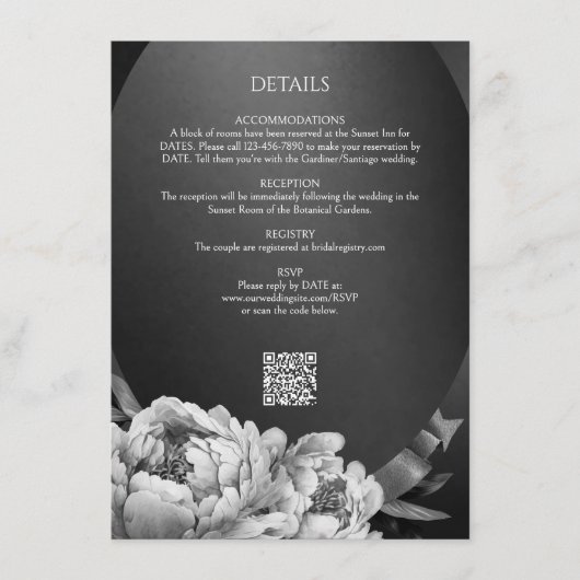 Gothic Moody White Peonies Hochzeitsdetails Begleitkarte (Vorderseite)