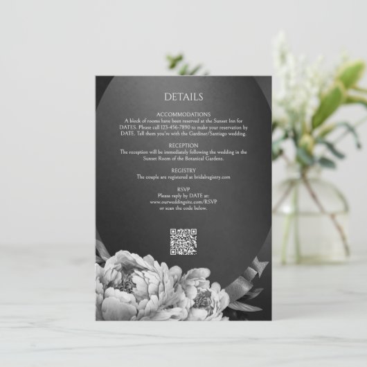 Gothic Moody White Peonies Hochzeitsdetails Begleitkarte (Stehend Vorderseite)