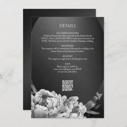 Gothic Moody White Peonies Hochzeitsdetails Begleitkarte (Vorne/Hinten)