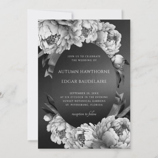 Gothic Moody White Peonies Wedding Einladung (Vorderseite)