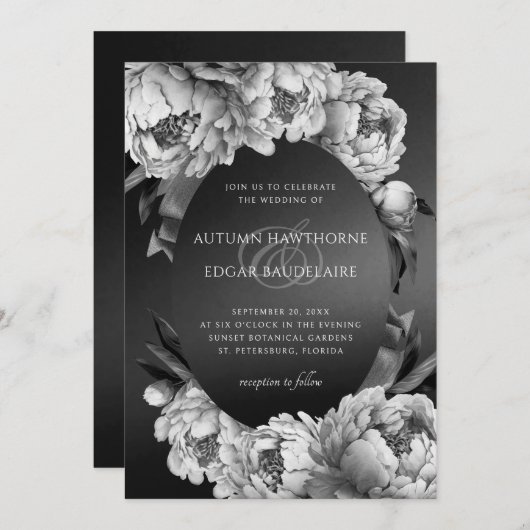 Gothic Moody White Peonies Wedding Einladung (Vorne/Hinten)