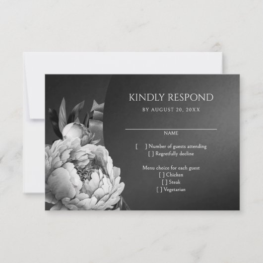 Gothic Moody White Peonies Wedding RSVP Karte (Vorderseite)