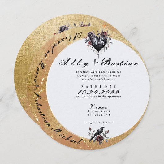 Gothic Moon Moody Black Floral Raven Heart Wedding Einladung (Vorne/Hinten)