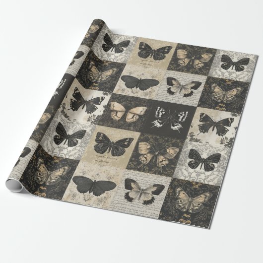 Gothic Moth Collage Vintag Halloween Geschenkpapier (Ungerollt)