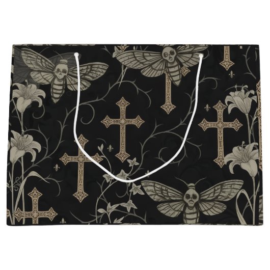 Gothic Moth & Cross Damask Gift Bag Große Geschenktüte (Vorderseite)