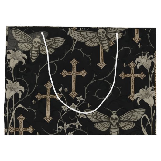 Gothic Moth & Cross Damask Gift Bag Große Geschenktüte (Rückseite)