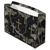 Gothic Moth & Cross Damask Gift Bag Große Geschenktüte (Rückseite Schrägansicht)