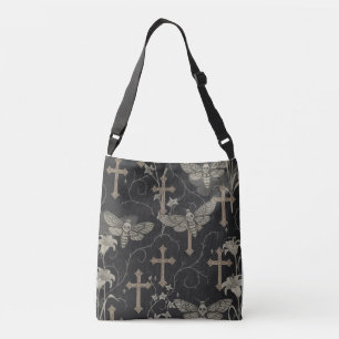 Gothic Moth & Cross Damast-Tasche – Dunkles Vintag Tragetaschen Mit Langen Trägern