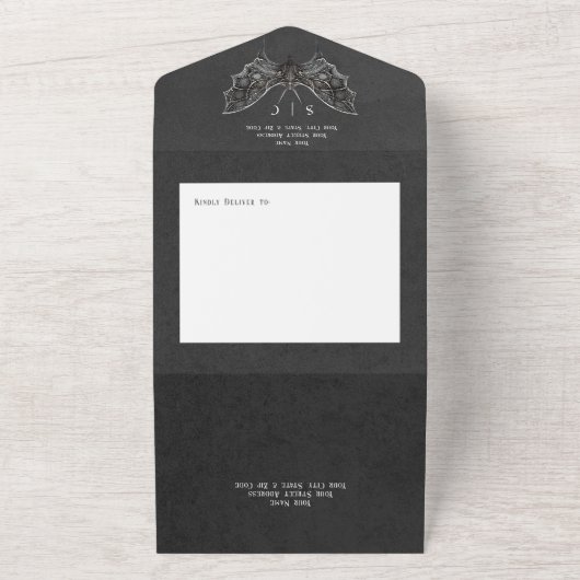 Gothic Moth Moody Black & White Dinner All In One Einladung (Außenbereich)