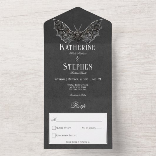 Gothic Moth Moody Black & White No Dinner All In One Einladung (Innen Boden)