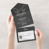 Gothic Moth Moody Black & White QR Code All In One Einladung (Abreißen)