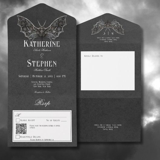 Gothic Moth Moody Black & White QR Code All In One Einladung