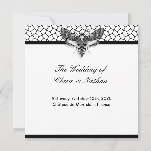 Gothic Moth Skull Hochzeitsprogramm – Dunkle Elega Einladung (Vorderseite)