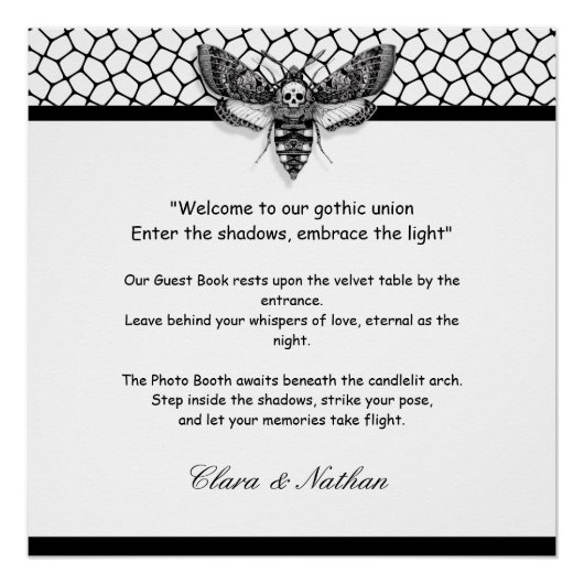 Gothic Moth Skull Wedding [ Schwarz & Weiß Poster (Vorderseite)