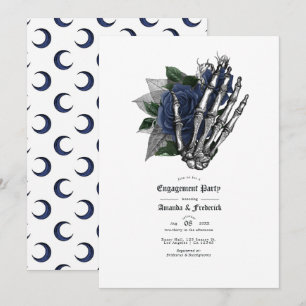 Gothic Navy Blaue Rosen & Skeletthand Verlobung Einladung