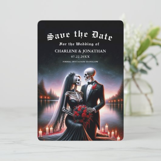 Gothic Navy skeleton Wedding Save the Date (Stehend Vorderseite)