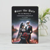 Gothic Navy Skelett Hochzeit Save the Date (Stehend Vorderseite)