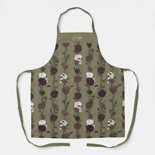 Gothic Olive Green Floral Skulls Schürze (Vorderseite)