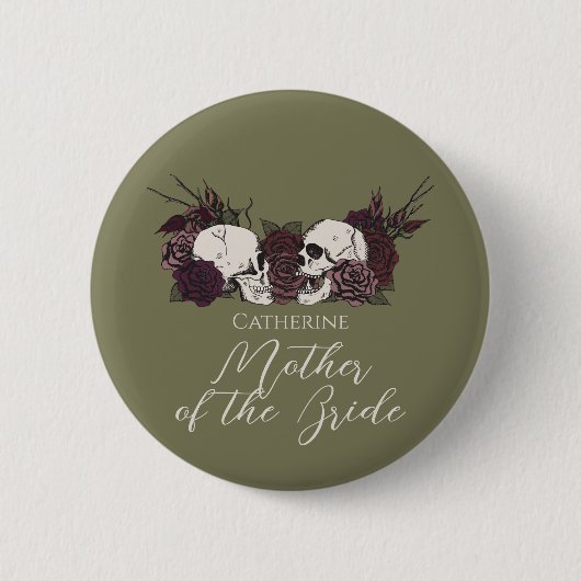 Gothic Olive Green Skull & Rose Wedding Party Button (Vorderseite)