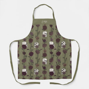Gothic Oliven Grün Florale Totenköpfe Schürze