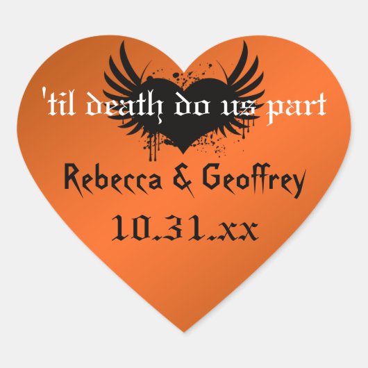 Gothic Orange, Black Winged Heart Wedding Sticker (Vorderseite)