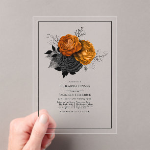 Gothic Orange und schwarzes Blumen- Probedinner Acryleinladungen