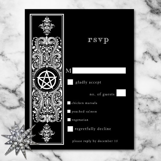 Gothic Pentagram Star Schwarz-weiße Hochzeitsessen RSVP Karte