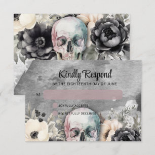 Gothic Peony & Skull Black Floral Wedding RSVP Karte