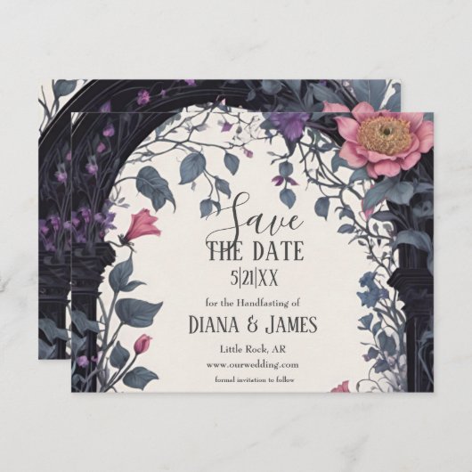 Gothic Pink Floral Garden Gate Pagan Handfasts Save The Date (Vorne/Hinten)