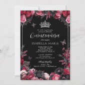 Gothic Pink Red & Black Moody Florals Quinceañera Einladung (Vorderseite)