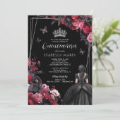 Gothic Pink Red & Black Moody Florals Quinceañera Einladung (Stehend Vorderseite)
