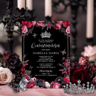 Gothic Pink Red & Black Moody Florals Quinceañera Einladung