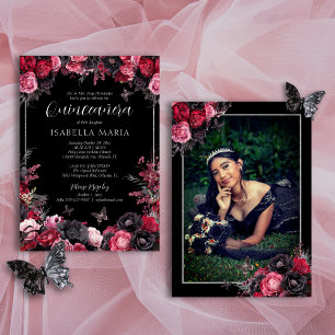 Gothic Pink Red & Black Moody Florals Quinceañera Einladung