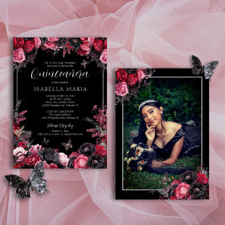 Gothic Pink Red & Black Moody Florals Quinceañera Einladung