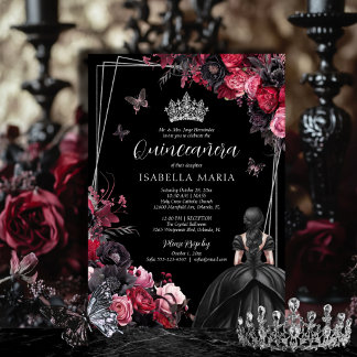 Gothic Pink Red & Black Moody Florals Quinceañera Einladung