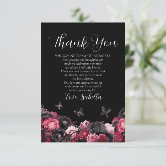 Gothic Pink Red & Black Moody Quinceañera Dankeskarte (Stehend Vorderseite)