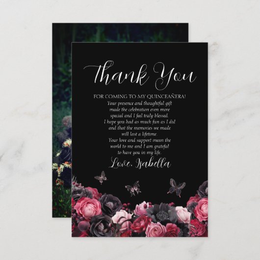 Gothic Pink Red & Black Moody Quinceañera Dankeskarte (Vorne/Hinten)