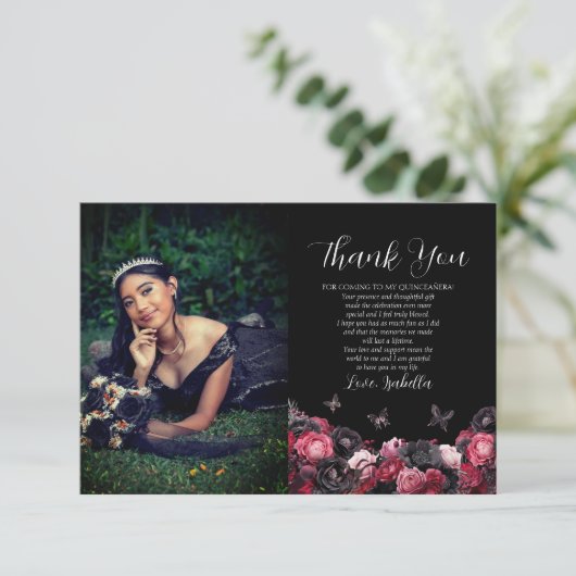 Gothic Pink Red & Black Moody Quinceañera Dankeskarte (Stehend Vorderseite)
