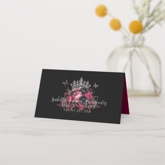 Gothic Pink Red & Black Moody Quinceañera Platzkarte (Rückseite)