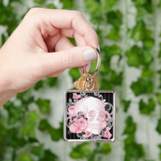 Gothic Pink Skull mit Rose Schlüsselanhänger (Hand)