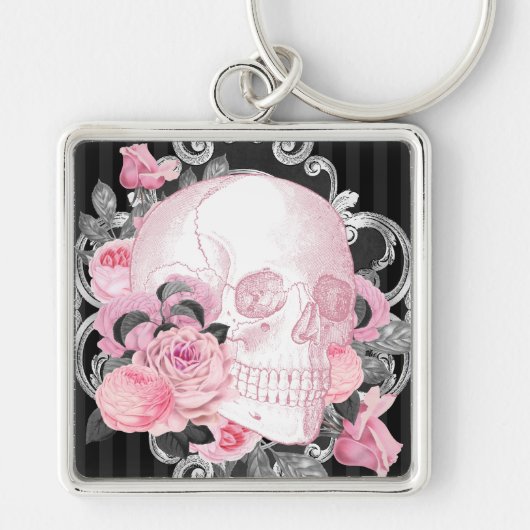 Gothic Pink Skull mit Rose Schlüsselanhänger (Vorne)