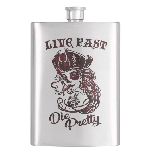 Gothic Pirate Skull Frau Live Fast Die Hübsch Flachmann (Vorderseite)