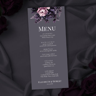 Gothic Plum Florales Hochzeitsmenü Menükarte