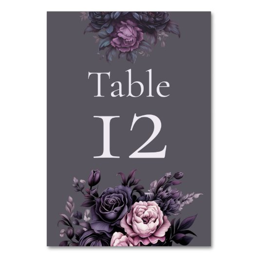 Gothic Plum Florales Hochzeitstischschild Tischnummer (Vorderseite)