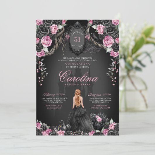 Gothic Princess Halloween Pink Black Quinceanera Einladung (Stehend Vorderseite)