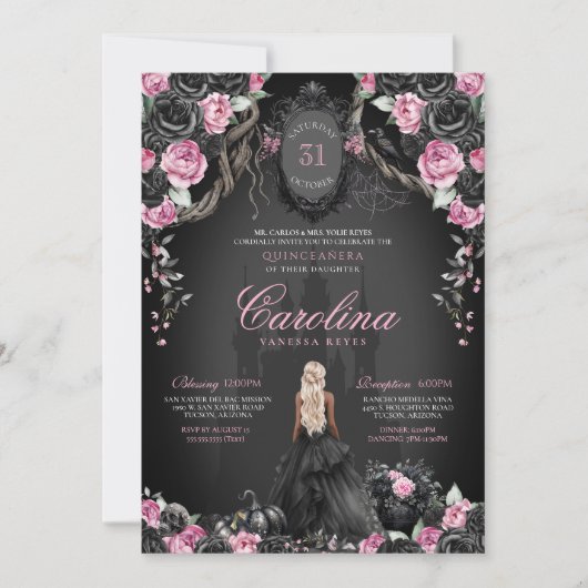 Gothic Princess Quinceañera Black & Pink Halloween Einladung (Vorderseite)